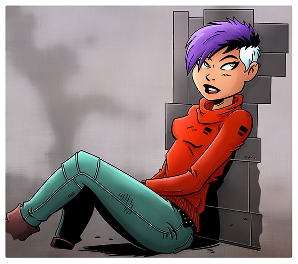 Purple Hair and a Red Sweat Top