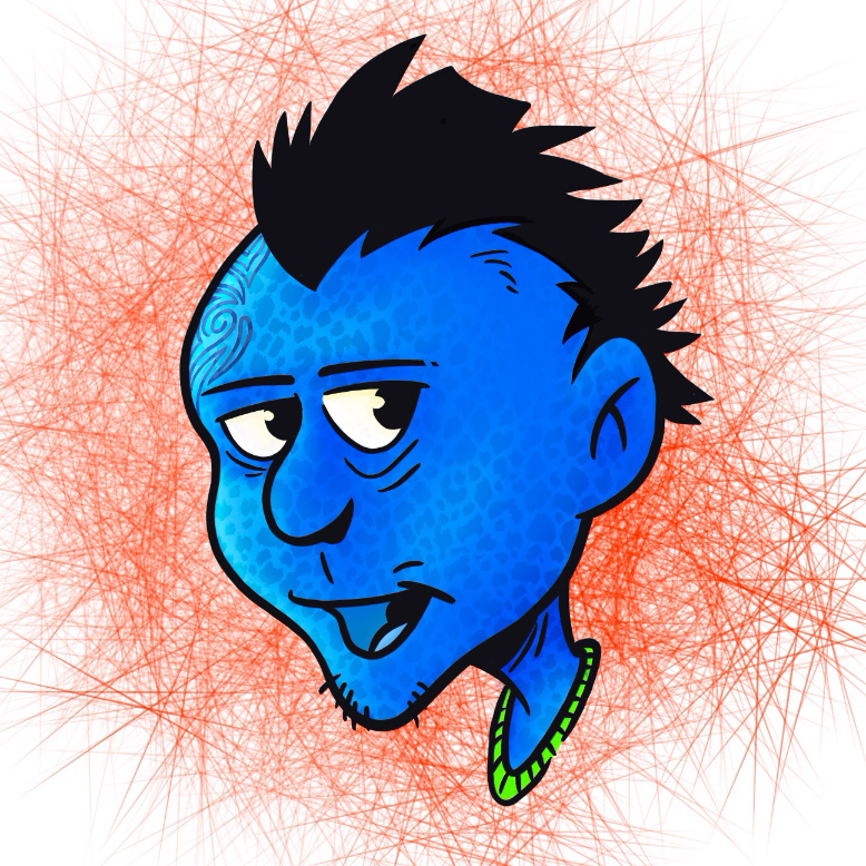 Blue skinned man with a mohawk