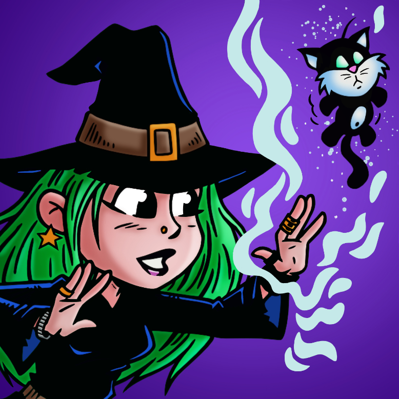 green haired witch and a cat