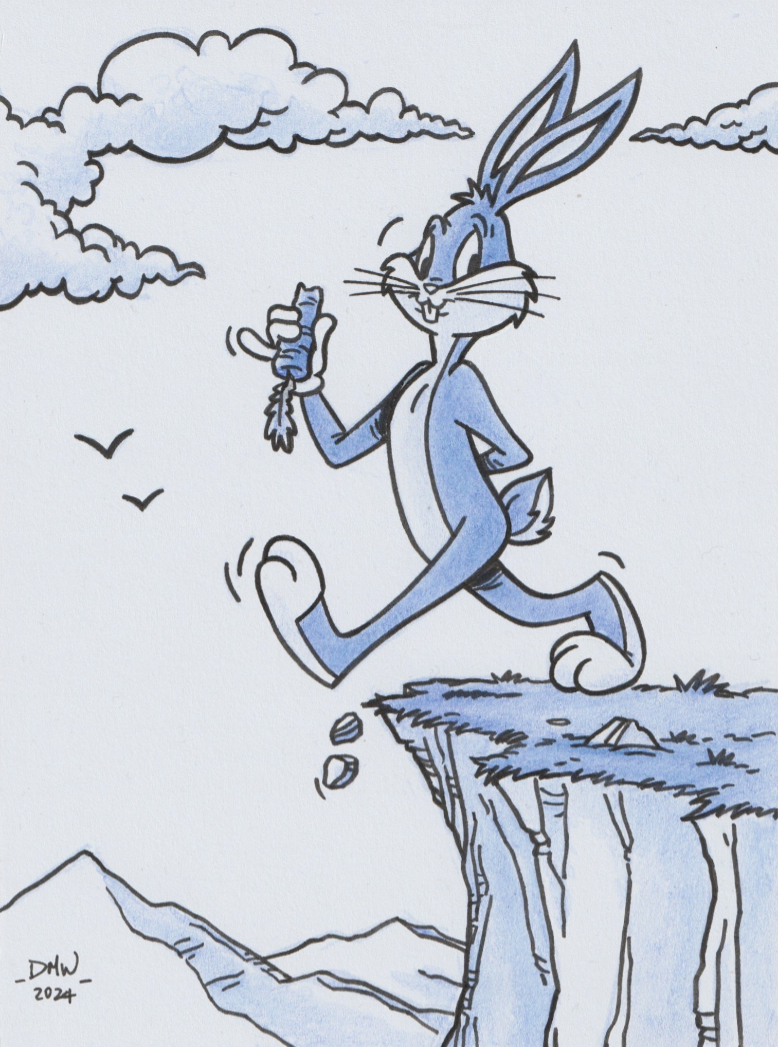 Bugs bunny about to walk off a cliff