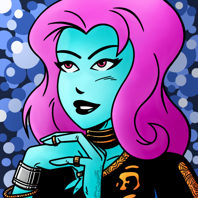 Woman with pink hair and green skin