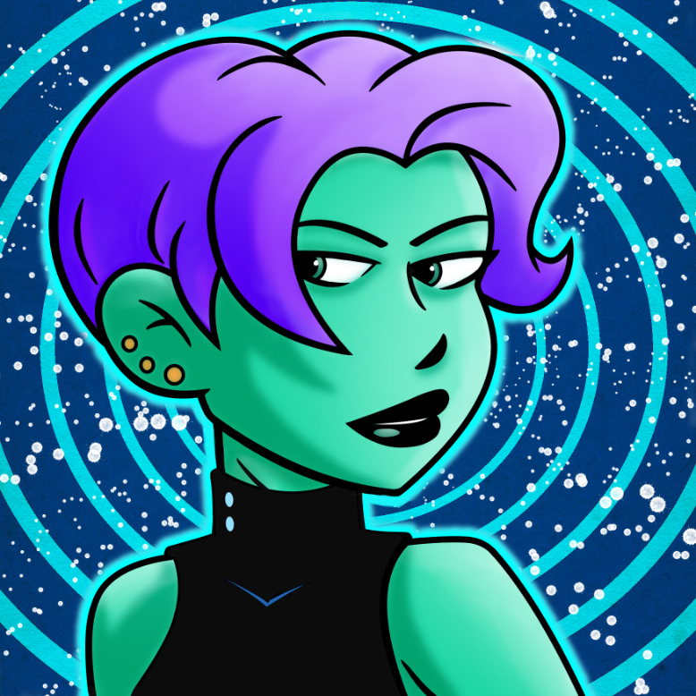 Green skinned woman with purple hair