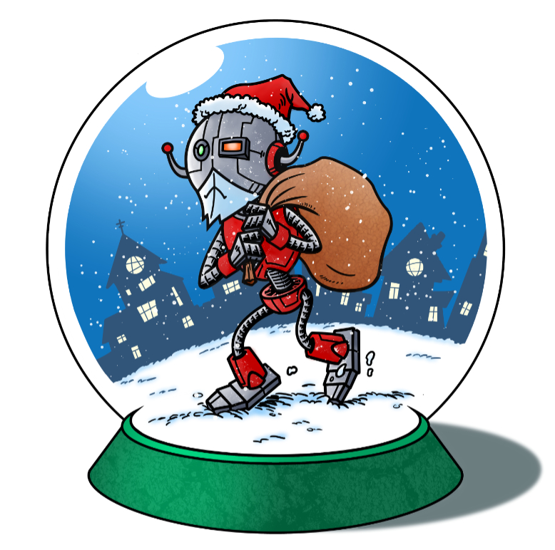 Robot Santa in a snow globe