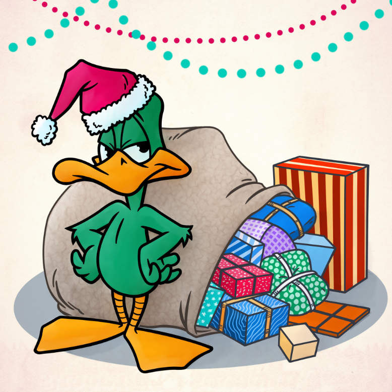 Cartoon duck with a sack of presents